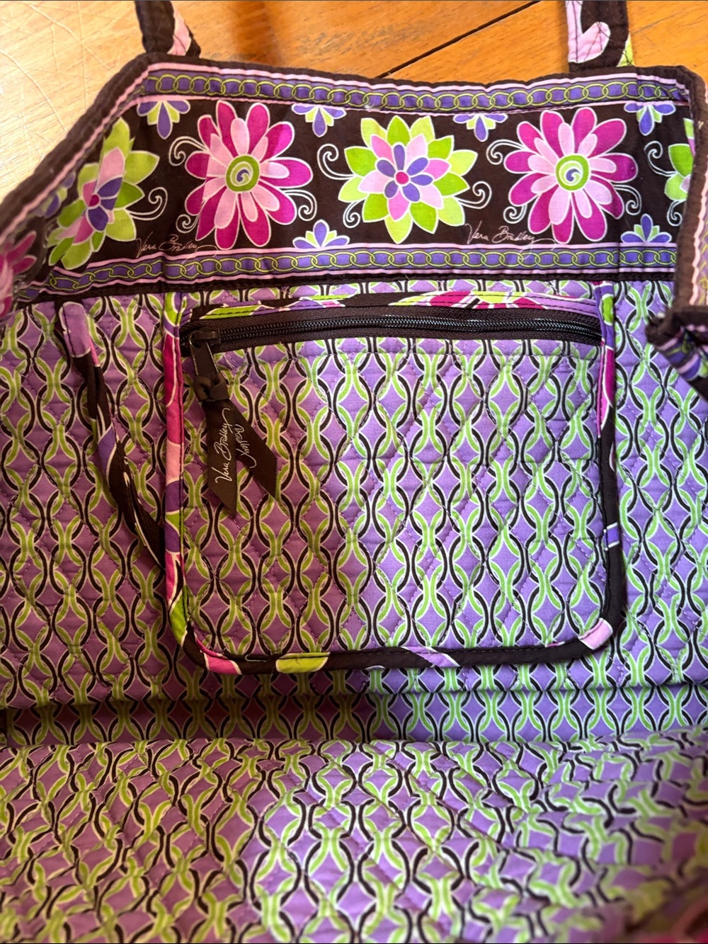 Vera Bradley Black Quilted Tote with Pink & Green Floral Pattern - Picture 9 of 13